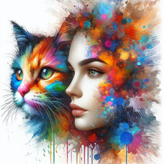 A colorful woman and a colorful cat