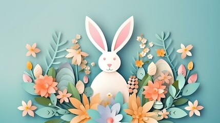 Easter composition with rabbit eggs and nature leaves