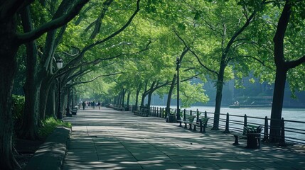 a nature inspired walking pathway road surrounded by trees near water - Powered by Adobe