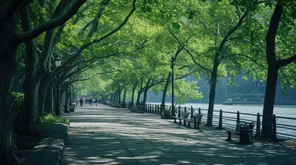 Fototapeten a nature inspired walking pathway road surrounded by trees near water © DailyLifeImages