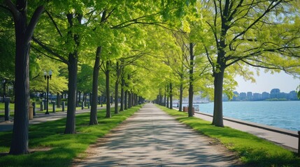 Fototapeta na wymiar a nature inspired walking pathway road surrounded by trees near water