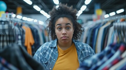 Naklejka premium Size Matters in Style: Obese female struggling with finding a proper clothes