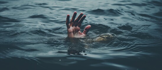 Closeup a hand peeks out from under a water need help. AI generated image - obrazy, fototapety, plakaty