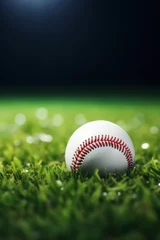 Fotobehang Close-up of a white baseball with red stitching on vibrant green grass under the night lights. © Anna