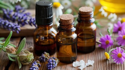 Three Bottles of Essential Oils on Wooden Table
