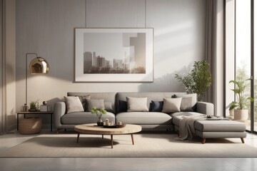 Interior home design of modern living room with gray sofa and abstract poster frame on stucco wall near the window