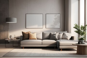Interior home design of modern living room with gray sofa and abstract poster frame on stucco wall near the window