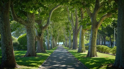 a nature inspired walking pathway road surrounded by trees near water