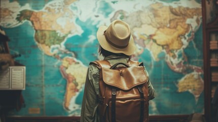 Person With Backpack and Hat Standing in Front of Map - obrazy, fototapety, plakaty