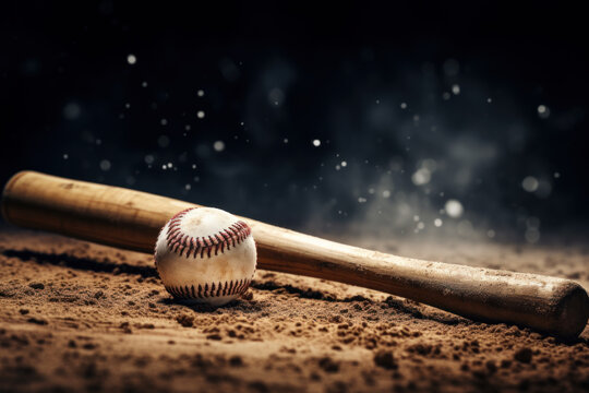 A worn baseball and wooden bat on a sandy baseball pitch, with dust particles in the air.