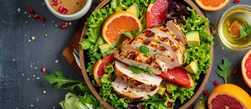 Top-down View Of A Dietary Menu With Fresh Chicken Salad, Grapefruit, Lettuce, And Honey Mustard Dressing, Promoting Proper Nutrition.