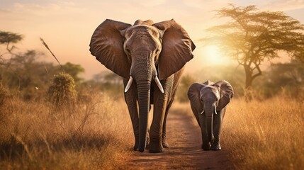 Elephants family in dust on african savannah