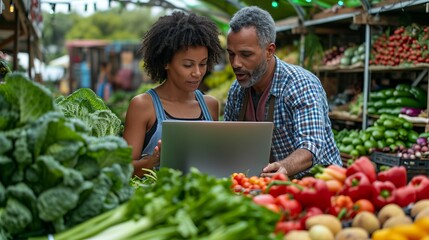 Man and Woman Examining Laptop in Produce Market