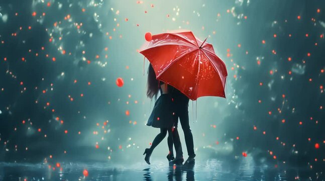 Loving couple under an umbrella in rainy weather (mov) made with Ai generative technology