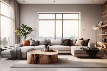 Interior home design of modern living room with gray sofa and live edge accent table with furniture and window