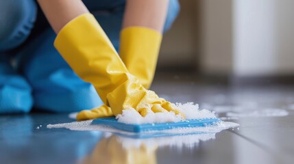 Person Cleaning Floor With Sponge - obrazy, fototapety, plakaty