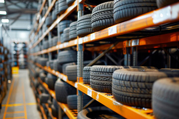 Rows of new car tires in a warehouse. Industrial background.