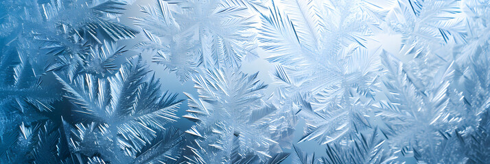 Winter frost patterns on glass. Ice crystals or cold winter background.