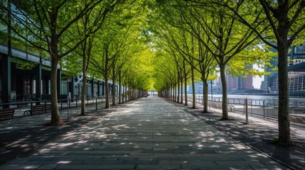 Foto op Plexiglas a nature inspired walking pathway road surrounded by trees near water © DailyLifeImages