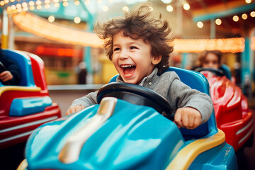 laughing boy having fun in children's amusement park and indoor play center, riding on cars