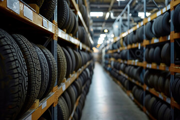 Rows of new car tires in a warehouse. Industrial background.