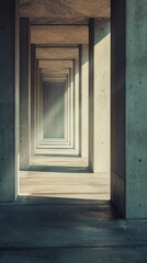 a long walkway with sunlight coming from concrete pillars