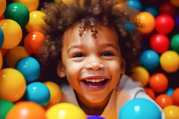 Fototapeta na wymiar Laughing curly mulatto boy close-up having fun in a ball pit at a children's amusement park and indoor play center, laughing, playing with colorful balls in a ball pit at a playground.