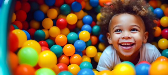 Fototapeta na wymiar Laughing curly mulatto boy close-up having fun in a ball pit at a children's amusement park and indoor play center, laughing, playing with colorful balls in a ball pit at a playground.