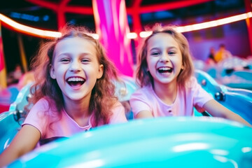 Fototapeta na wymiar laughing two girls having fun on birthday rides at children's amusement park and indoor play center