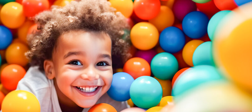 Laughing curly mulatto boy close-up having fun in a ball pit at a children's amusement park and indoor play center, laughing, playing with colorful balls in a ball pit at a playground. Banner.
