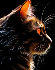 Silhouette einer Katze vor einem schwarzen Hintergrund, harte Lichtkante, schöne Katze
