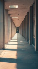 a long walkway with sunlight coming from concrete pillars