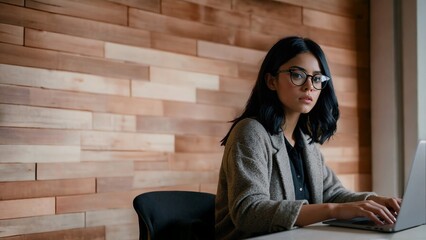 an Asian woman in a gray blazer, working on a laptop in a room, with soft lighting, and wooden wall panel background. Concept of successful business woman