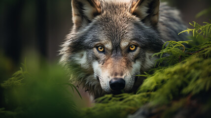 Obraz premium Wild Majesty: Lone Wolf Emerges with Piercing Gaze in Dense Forest