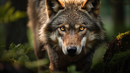 Wild Majesty: Lone Wolf Emerges with Piercing Gaze in Dense Forest
