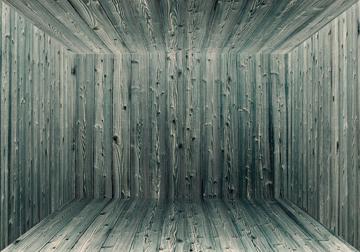 不気味な青ねずみ色の空っぽの古い板張り空間イメージ画像