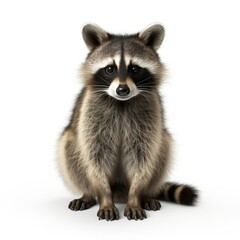 Cute raccoon standing on a white background, looking curious with detailed fur texture.