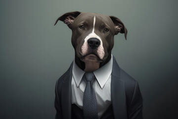 Office worker concept of an obedient employee Generative AI. dog in a business suit in the office. - obrazy, fototapety, plakaty
