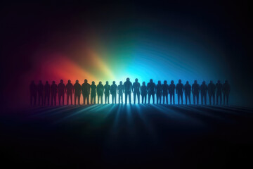 people stand in a dark room with a rainbow light behind them Generative AI