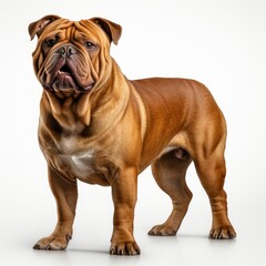 Obraz premium Majestic bulldog standing against a white background, showcasing its muscular build and distinctive wrinkled face.