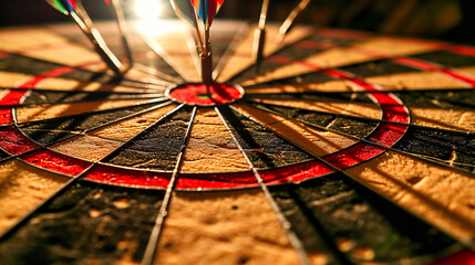 Dart hitting the bullseye on a dartboard, symbolizing accuracy and success in a game. - obrazy, fototapety, plakaty