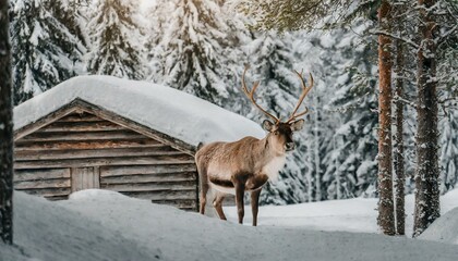 Noble deer in winter forest in Finnish Lapland against the background of a snow-covered forest huts