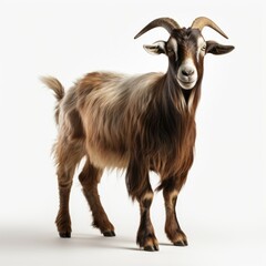 Adult brown and white goat standing against a white background.