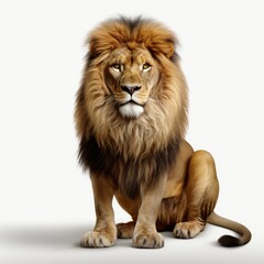 Obraz premium Majestic lion sitting isolated on a white background, displaying its regal mane and intense gaze.