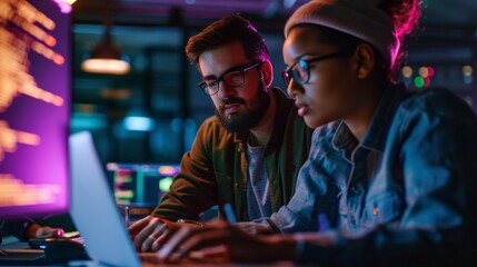 Fototapeta premium Couple Looking at Laptop, Technology and Togetherness