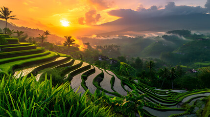 Terraced rice fields in Bali at sunset, Indonesia - obrazy, fototapety, plakaty