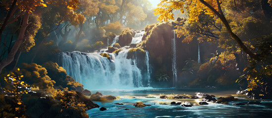 Beautiful waterfall in autumn forest. Panoramic view - obrazy, fototapety, plakaty