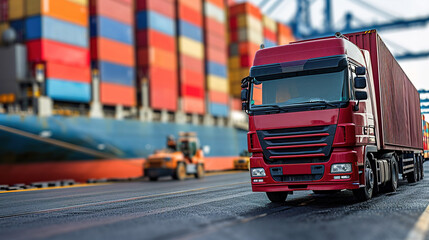 Naklejka premium Loading trucks in a warehouse at the dock. Delivery of goods in containers by trucks. Distribution warehouse port. Freight transport and logistics background