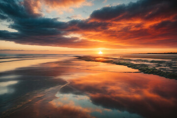 Fototapeta premium A stunning image of a vibrant sunset with clouds reflected on the wet sand during low tide