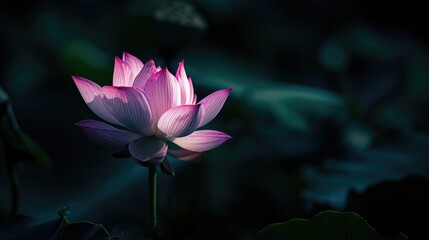 Obraz premium Serene lotus flower in bloom, highlighted by soft sunlight against a dark, tranquil water background.